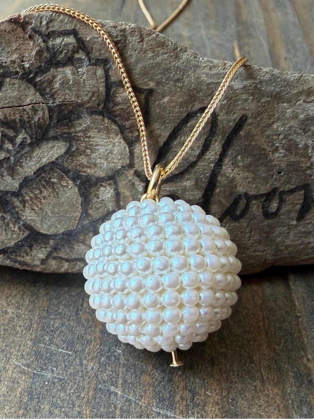 Gold Tone Necklace with White Beaded Sphere Pendant